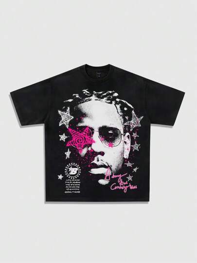 Street Life Men's Hip Hop Figure Graphic Slogan Print Round Neck Short Sleeve Casual T-Shirt