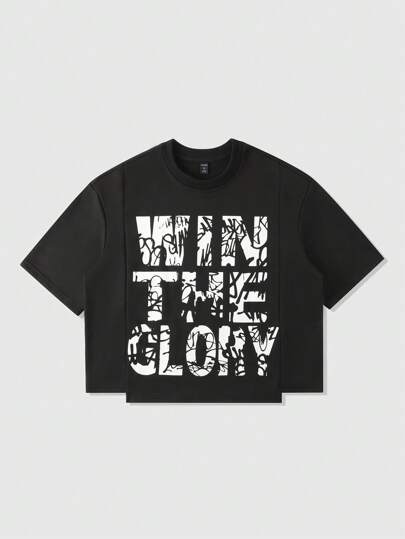 Street Life Men's Hip Hop Letter Patchwork Print T-Shirt, Loose Cropped Style, Streetwear Retro