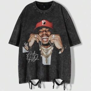 Street Life Men's Hip Hop Portrait Print Acid-Washed Casual Short Sleeve T-Shirt, Suitable For Spring And Summer