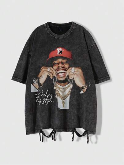 Street Life Men's Hip Hop Portrait Print Acid-Washed Casual Short Sleeve T-Shirt, Suitable For Spring And Summer