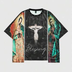 Street Life Men's Jesus Religious Printed Splice Streetwear Print Short Sleeve T-Shirt, Suitable For Everyday Wear, Spring/Summer