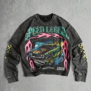 Street Life Men's Letter & Car Graphic Print Washed Long Sleeve T-Shirt