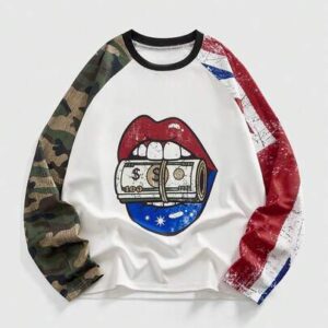 Street Life Men's Lip & Camouflage Print Patchwork Round Neck Raglan Long Sleeve T-Shirt