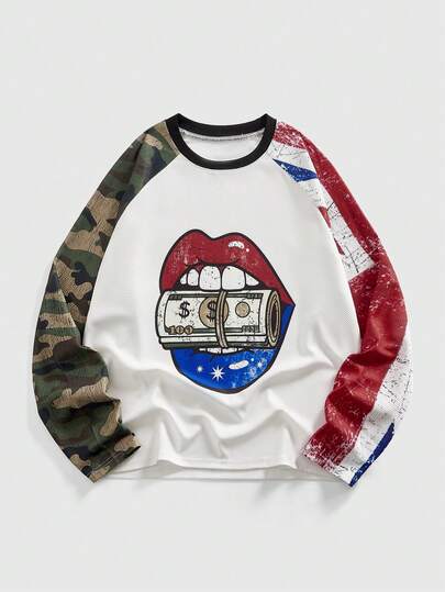 Street Life Men's Lip & Camouflage Print Patchwork Round Neck Raglan Long Sleeve T-Shirt
