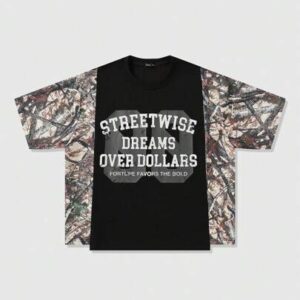 Street Life Men's Loose Crop Tee With Camo Branch Print And Slogan, Patchwork Design