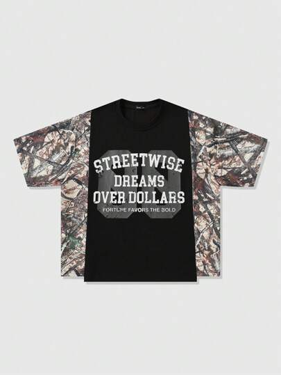Street Life Men's Loose Crop Tee With Camo Branch Print And Slogan, Patchwork Design