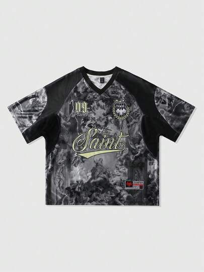 Street Life Men's Loose Fit Retro Print Patchwork Contrast Color T-Shirt