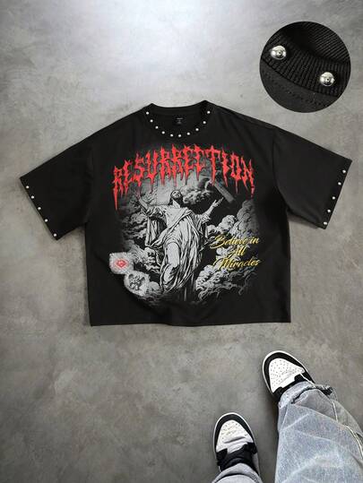 Street Life Men's Loose Fit Rivet Decor Printed T-Shirt, Spring/Summer