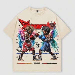 Street Life Men's Oversized Loose Dropped Shoulder Boxing Graphic T-Shirt, Vintage Streetwear Style
