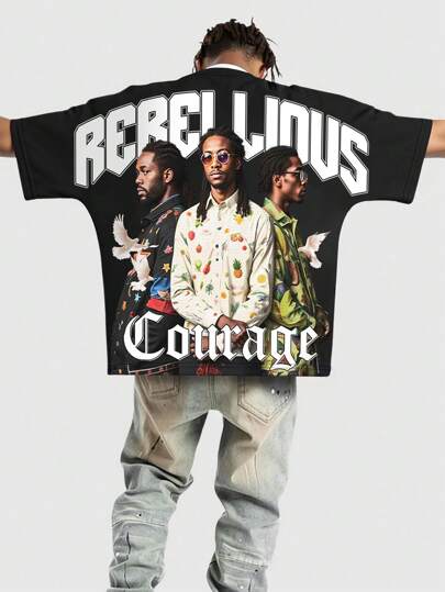 Street Life Men's Oversized Loose Shoulder Cropped Graphic Tee, Vintage Streetwear Style