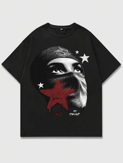Street Life Men's Portrait Print Short Sleeve T-Shirt, Suitable For Spring And Summer