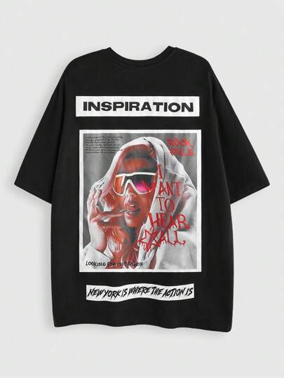 Street Life Men's Portrait Print Short Sleeve T-Shirt, Suitable For Everyday Wear In Spring/Summer