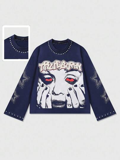 Street Life Men's Printed Long Sleeve T-Shirt, Loose Cropped Fit, Fall