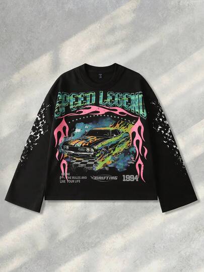 Street Life Men's Printed Long Sleeve T-Shirt, Loose Cropped Fit