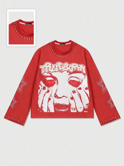 Street Life Men's Printed Long Sleeve T-Shirt, Loose Cropped Fit, For Fall