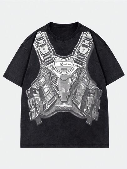 Street Life Men's Printed Washed Short Sleeve T-Shirt, Vintage High Street Style, Summer