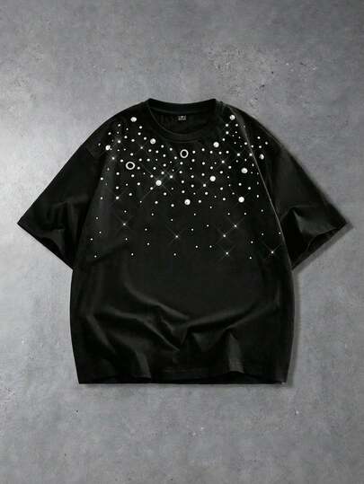 Street Life Men's Punk Rivet Decor Round Neck Loose Fit Short Sleeve T-Shirt