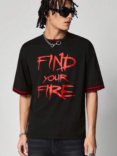 Street Life Men's Punk Round Neck Short Sleeve Contrast Trim Letter Print Simple Casual T-Shirt