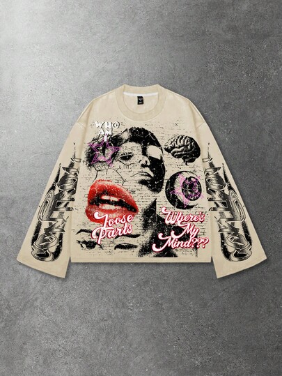 Street Life Men's Retro Graphic Print Loose Cropped Long Sleeve T-Shirt