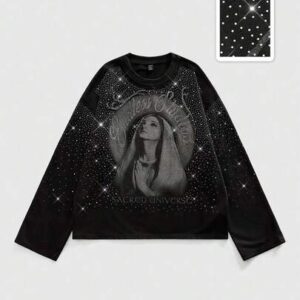 Street Life Men's Rhinestone Embellished Graphic Print Loose Fit Crew Neck Long Sleeve T-Shirt, Suitable For Everyday Wear, Spring/Summer