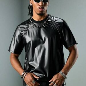 Street Life Men's Round Neck Short Sleeve Fashionable Summer Versatile PU Tight Fit T-Shirt