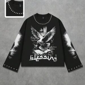 Street Life Men's Round Neck Sparkling Diamond Pigeon Print Long Sleeve T-Shirt, 2000s Style
