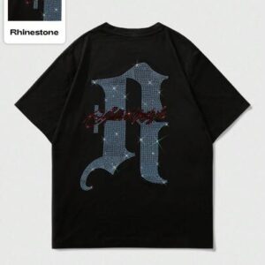 Street Life Men's Short Sleeve T-Shirt With Rhinestone English Graphic Print, Summer