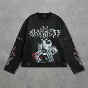 Street Life Men's Sparkling Diamond Flame & Portrait Patchwork Print Long Sleeve T-Shirt, Fall, 2000s Style