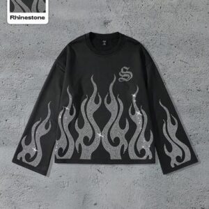Street Life Men's Sparkling Diamond Print Loose Cropped Long Sleeve T-Shirt, For Fall