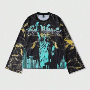Street Life Men's Statue Of Liberty Graphic Crew Neck Long Sleeve T-Shirt, For Fall