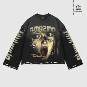 Street Life Men's Street Figure Print Distressed Long Sleeve T-Shirt, Loose Fit