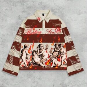 Street Life Men's Street Religious Graphic Print Striped Polo Collar Long Sleeve T-Shirt, Autumn/Winter