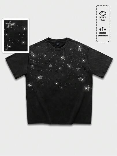 Street Life Men's Street Style Rhinestone Decor Casual Round Neck Short Sleeve T-Shirt, Summer