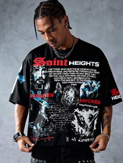 Street Life Men's Streetwear Graphic Print Short Sleeve T-Shirt, Suitable For Spring/Summer