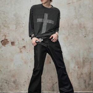Street Life Men's Striped Patch 7/8 Flare Sleeve T-Shirt