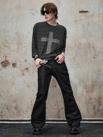 Street Life Men's Striped Patch 7/8 Flare Sleeve T-Shirt