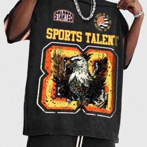 Street Life Men's Summer Eagle Letter Print Round Neck Short Sleeve Snow Washed Casual Football T-Shirt