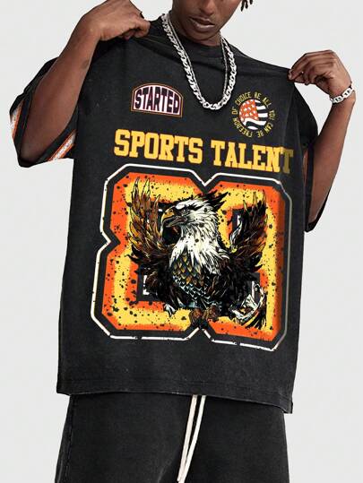 Street Life Men's Summer Eagle Letter Print Round Neck Short Sleeve Snow Washed Casual Football T-Shirt