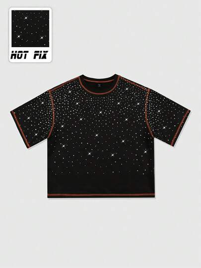 Street Life Men's Summer Fashion Rhinestone Decor Contrast Trim Loose Fit T-Shirt