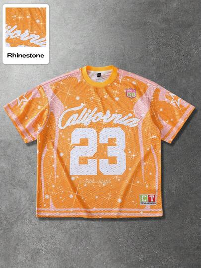 Street Life Men's Summer New Design Full Print Rhinestone Embellished Street American Sports Style Numeric & English Short Sleeve T-Shirt, Showcasing A Vibrant Pink Sports Tank Top With Bold White Cursive "California" Text And Prominent White "23" Numeric With Star Pattern