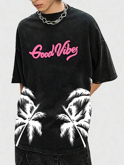 Street Life Men's Summer Palm Tree Letter Print Short Sleeve Casual T-Shirt