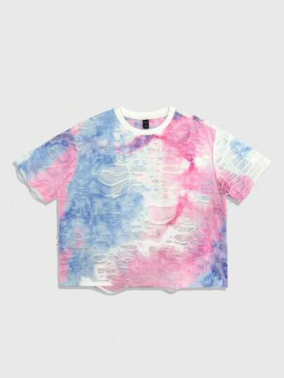Street Life Men's Tie-Dye Print Distressed Casual Short Sleeve T-Shirt, Summer