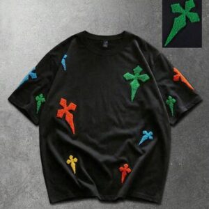 Street Life Men's Towel-Embroidered Cross Short-Sleeved T-Shirt, Suitable For Everyday Wear In Spring And Summer.