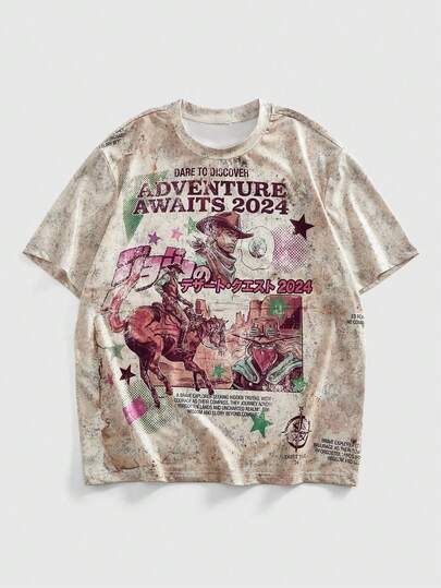 Street Life Men's Vintage Casual Western Cowboy Print Loose Short Sleeve T-Shirt, Summer