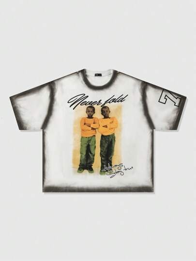 Street Life Men's Vintage Summer Fashion Handpainted People Print Loose Drop Shoulder T-Shirt