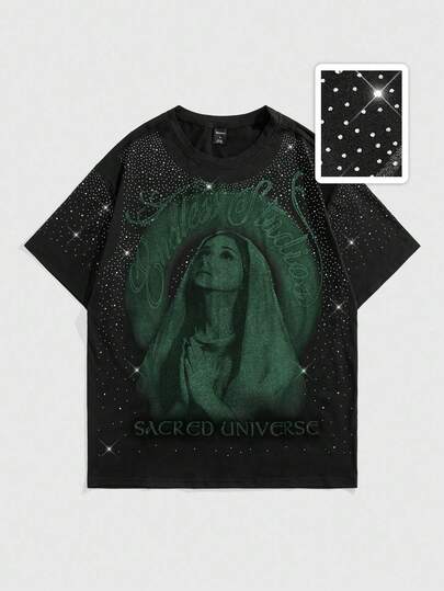 Street Life Men's Virgin Mary Rhinestone Embellished Short Sleeve T-Shirt, Suitable For Spring/Summer Everyday Wear