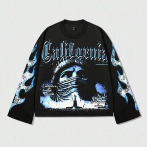 Street Life Men Black Oversized Long T-Shirt With Eye Flame & Round Rhinestone Pattern, Gothic Streetwear For Casual Daily Wear, Fall