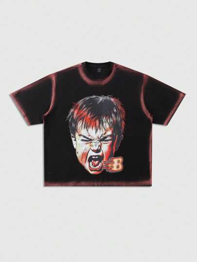 Street Life Men Loose Fit Spray-Painted Stripe & Figure Print T-Shirt