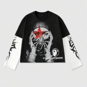 Street Life Men Patchwork 2 In 1 Print Long Sleeve Punk T-Shirt, Loose Cropped Style, Fall