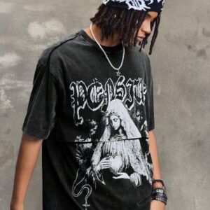 Street Life Men Religious Summer Casual Graphic Letter Print Washed T-Shirt